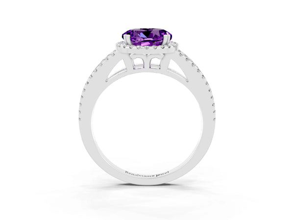 Platinum Round Cut Amethyst Halo Split Shank Engagement Ring