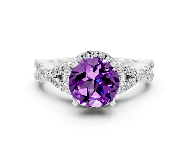 Platinum Round Cut Amethyst  Halo Twist Band Solitaire Prong Setting Ring