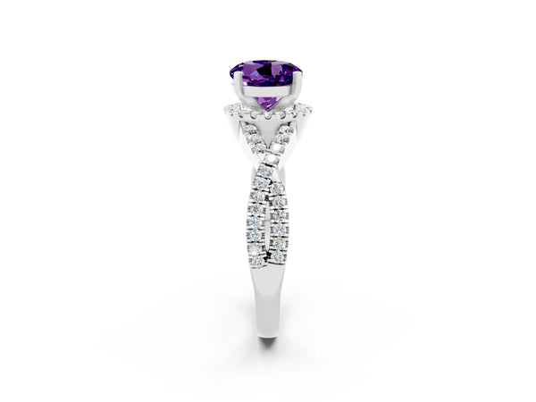 White gold Round Cut Amethyst  Halo Twist Band Solitaire Prong Setting Ring