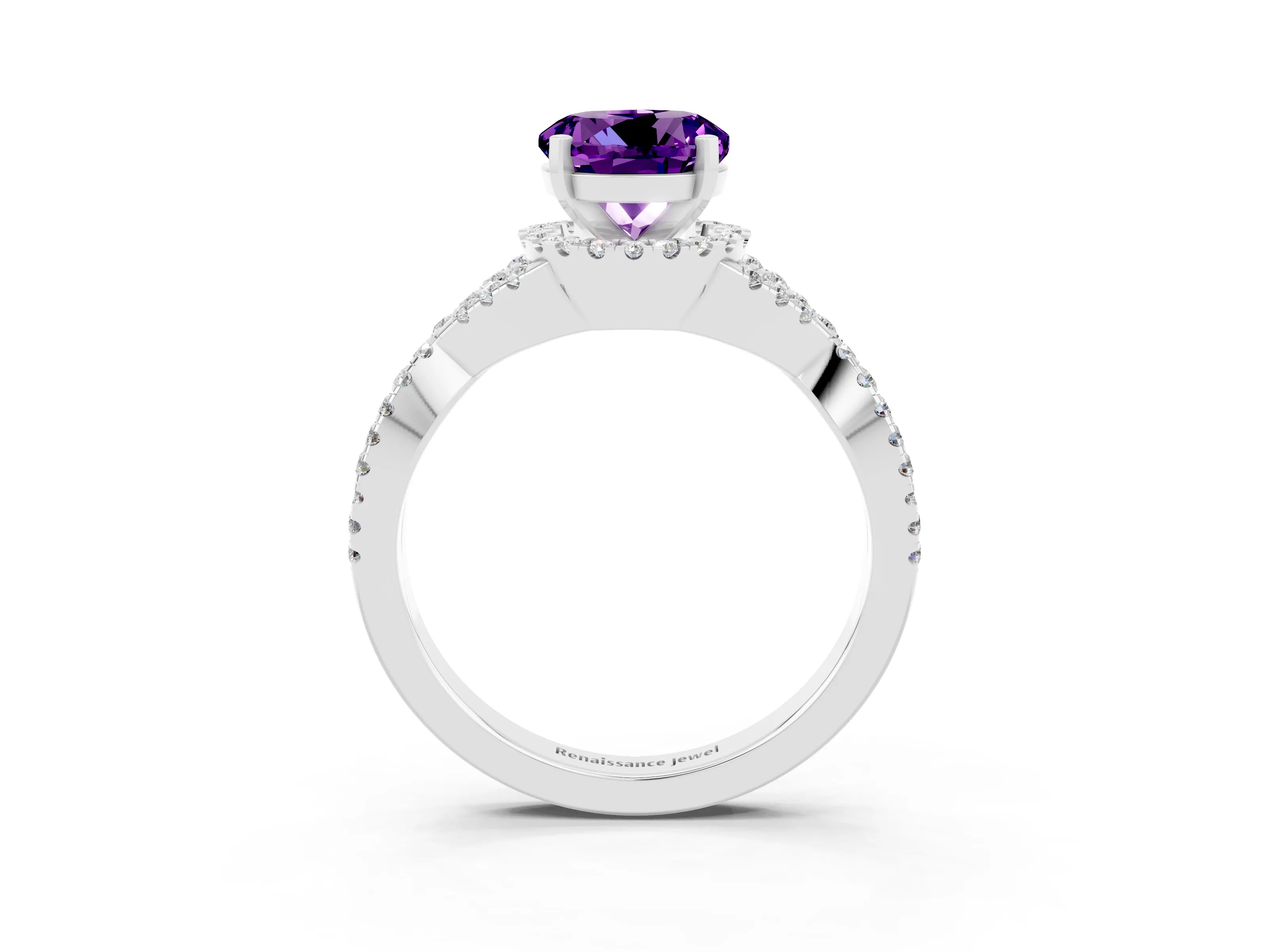 White gold Round Cut Amethyst Halo Twist Band Solitaire Prong Setting Ring_3