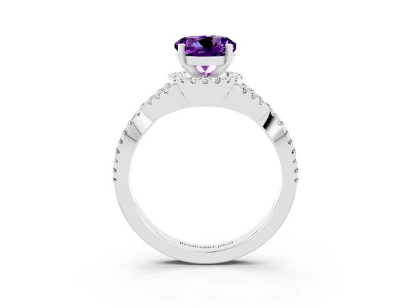 Platinum Round Cut Amethyst  Halo Twist Band Solitaire Prong Setting Ring