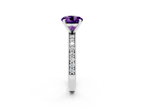 White gold Round Cut Amethyst Milgrain Pavé Engagement Ring with Four-Prong Setting_2