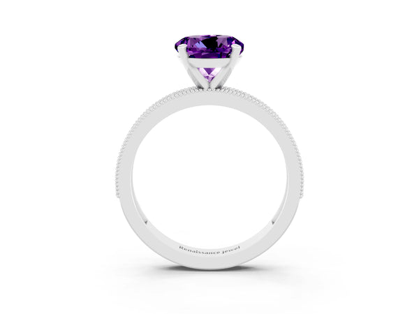 Platinum Round Cut Amethyst Milgrain Pavé Engagement Ring with Four-Prong Setting