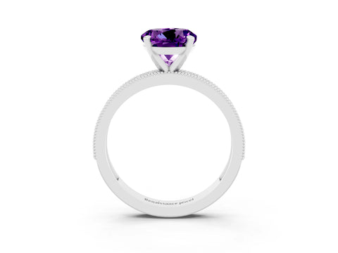 White gold Round Cut Amethyst Milgrain Pavé Engagement Ring with Four-Prong Setting_3