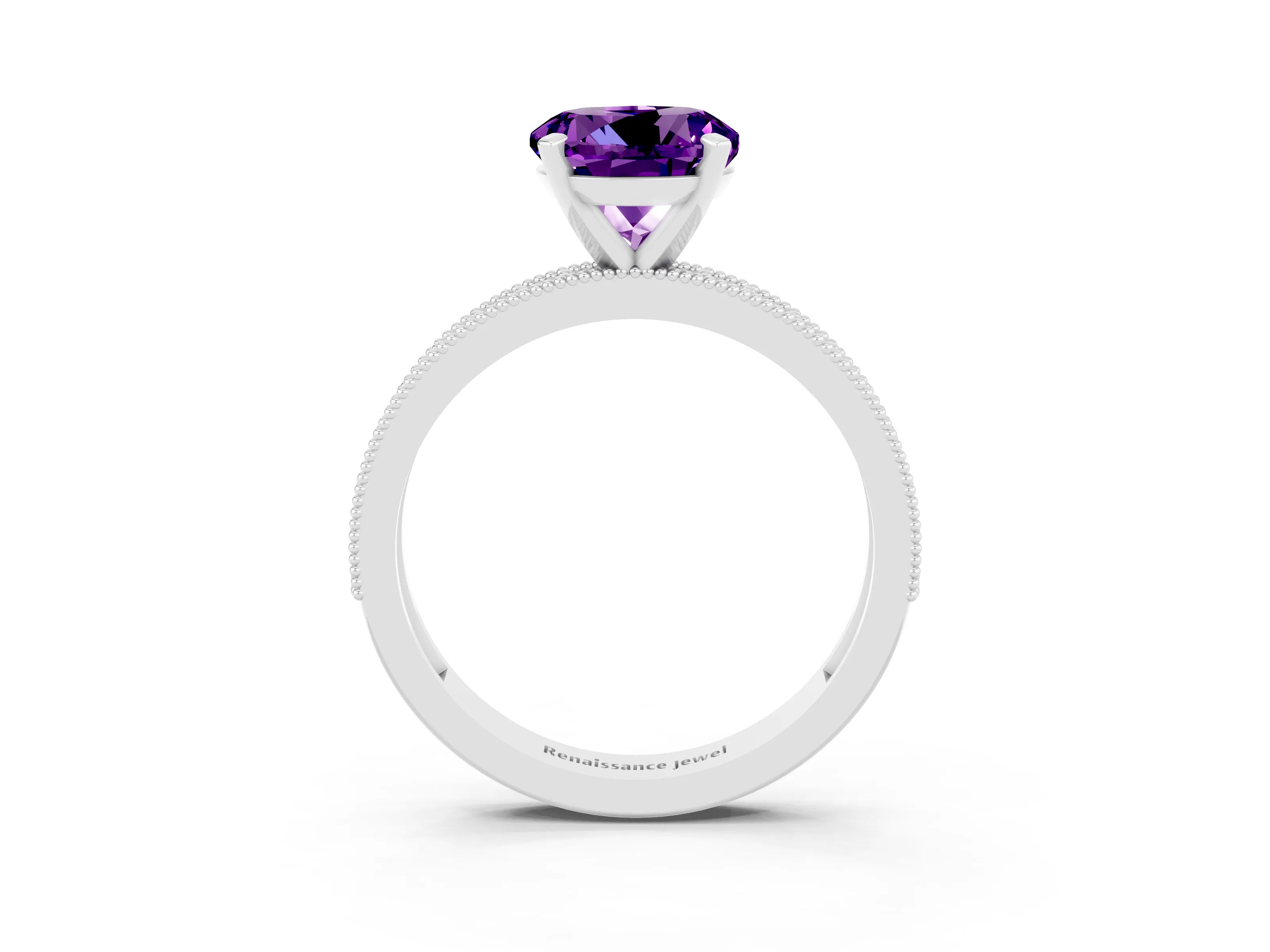 White gold Round Cut Amethyst Milgrain Pavé Engagement Ring with Four-Prong Setting_3