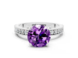 White gold Round Cut Amethyst Milgrain Pavé Engagement Ring with Four-Prong Setting