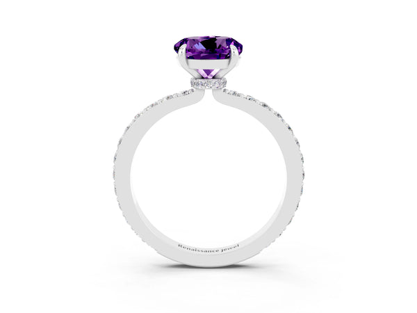 Silver Round Cut Amethyst Pavé Engagement Ring with Round  Accents and Prong Setting