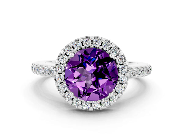 White gold Round Cut Amethyst Pavé Halo Ring with Four-Prong Setting