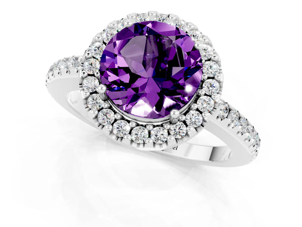 White gold Round Cut Amethyst Pavé Halo Ring with Four-Prong Setting