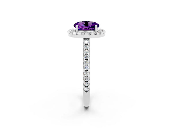 Platinum Round Cut Amethyst Pavé Halo Ring with Four-Prong Setting