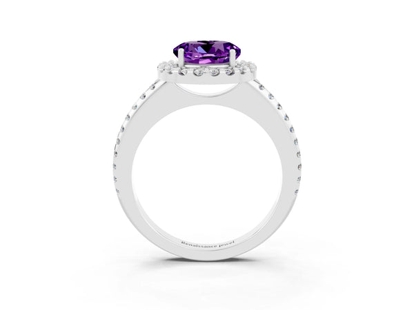 Platinum Round Cut Amethyst Pavé Halo Ring with Four-Prong Setting