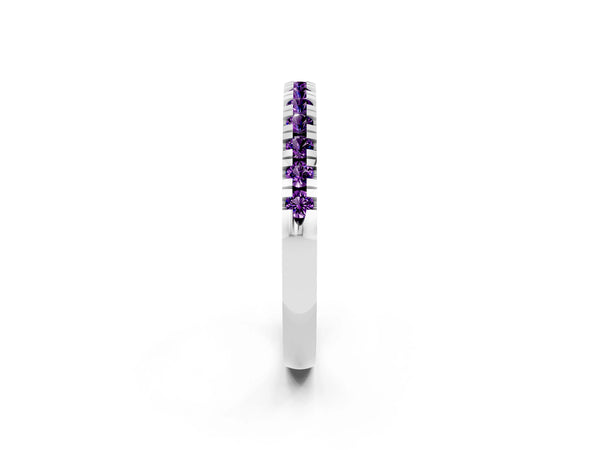White Gold Round Amethyst Thin Pave Half Eternity Wedding Band