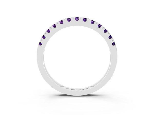White Gold Round Amethyst Thin Pave Half Eternity Wedding Band