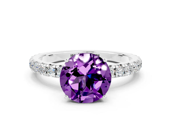 White gold Round Cut Amethyst Pavé Solitaire Engagement Ring with Four-Prong Setting