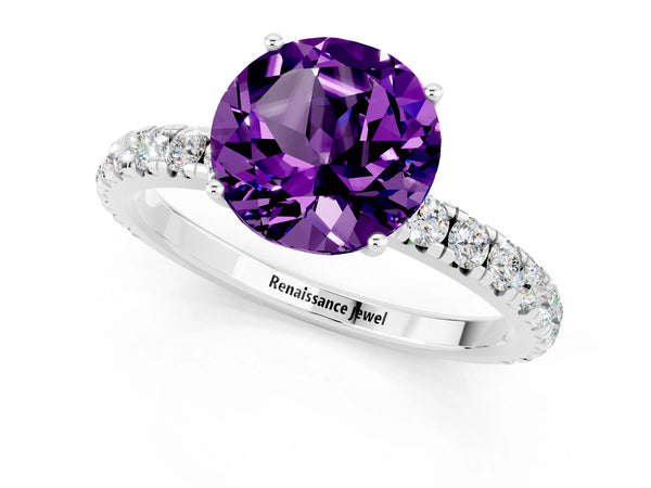 White gold Round Cut Amethyst Pavé Solitaire Engagement Ring with Four-Prong Setting
