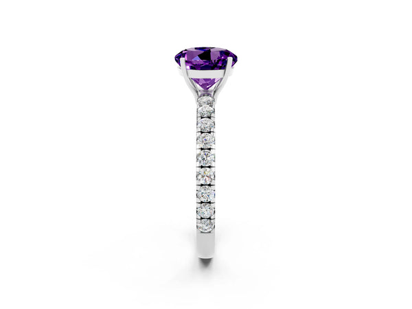 Platinum Round Cut Amethyst Pavé Solitaire Engagement Ring with Four-Prong Setting