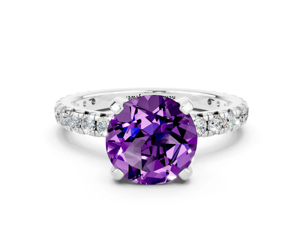 Platinum Round Cut Amethyst Pavé Solitaire Ring with Round Band and Prong Setting