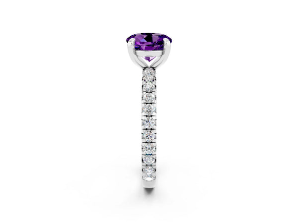 Platinum Round Cut Amethyst Pavé Solitaire Ring with Round Band and Prong Setting