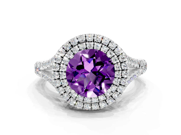 Platinum Round Cut Amethyst Pavé Split Shank Double Halo Engagement Ring