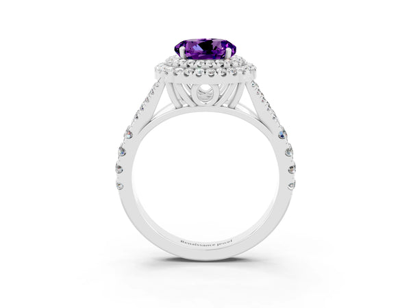 White gold Round Cut Amethyst Pavé Split Shank Double Halo Engagement Ring