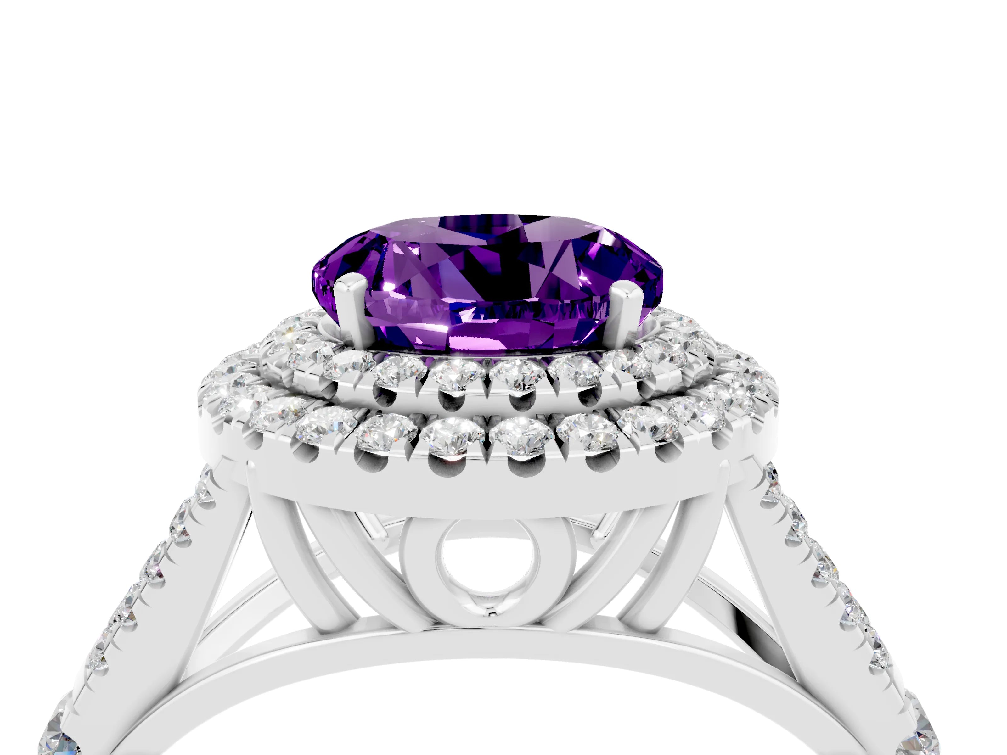 White gold Round Cut Amethyst Pavé Split Shank Double Halo Engagement Ring_4