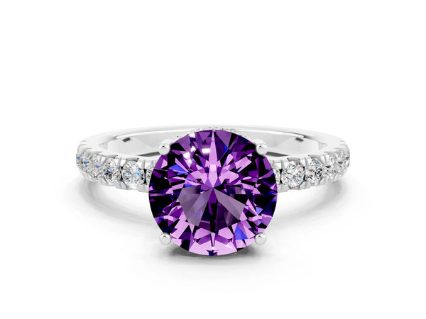 Platinum Round Cut Amethyst Pave Band Solitaire Ring with Round  and Prong Setting