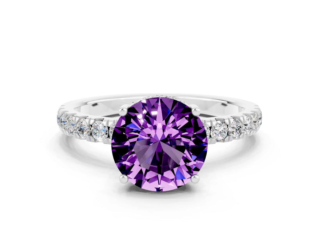 White gold Round Cut Amethyst Pave Band Solitaire Ring with Four-Prong Setting_24
