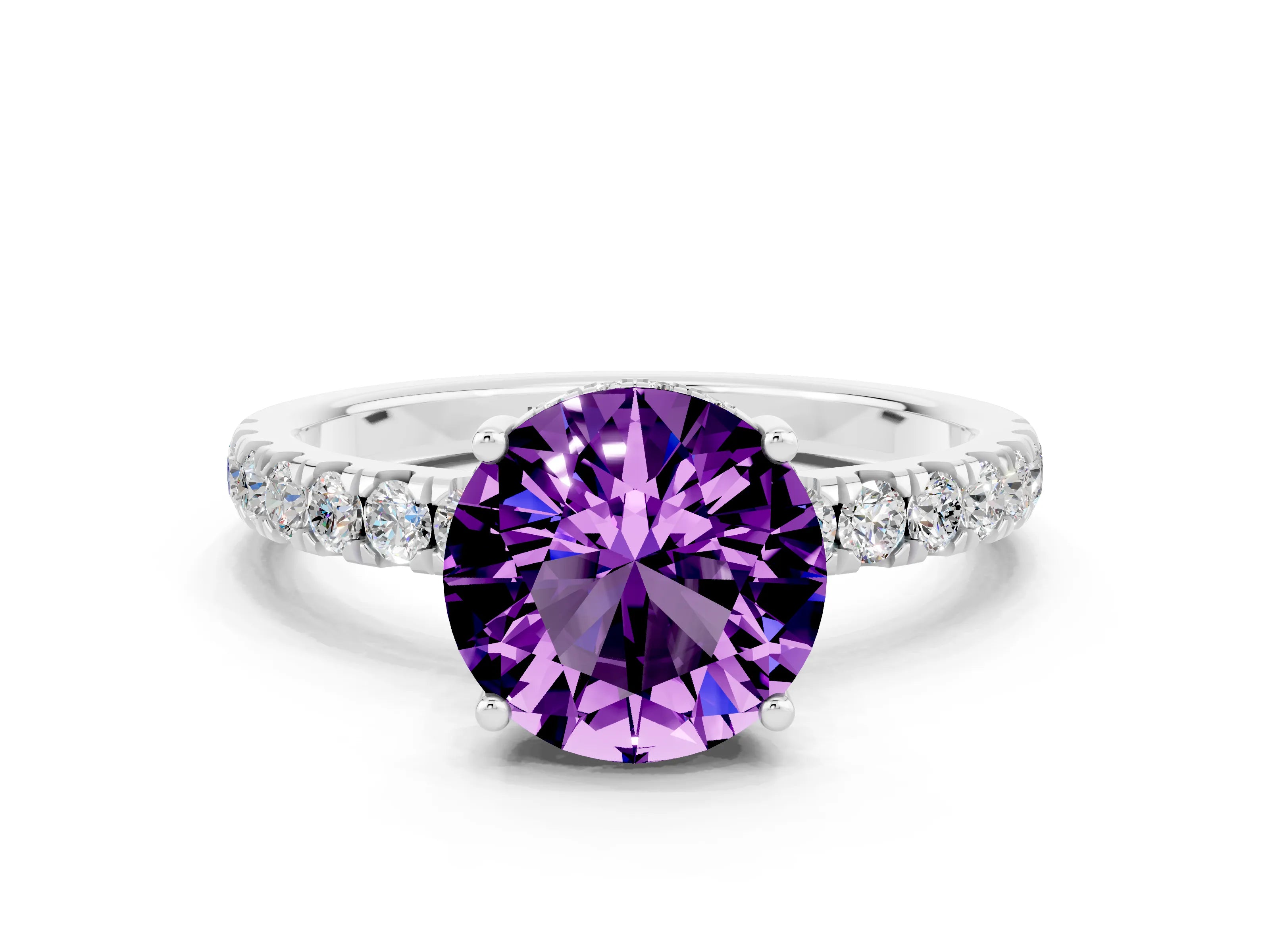 White gold Round Cut Amethyst Pave Band Solitaire Ring with Four-Prong Setting_24