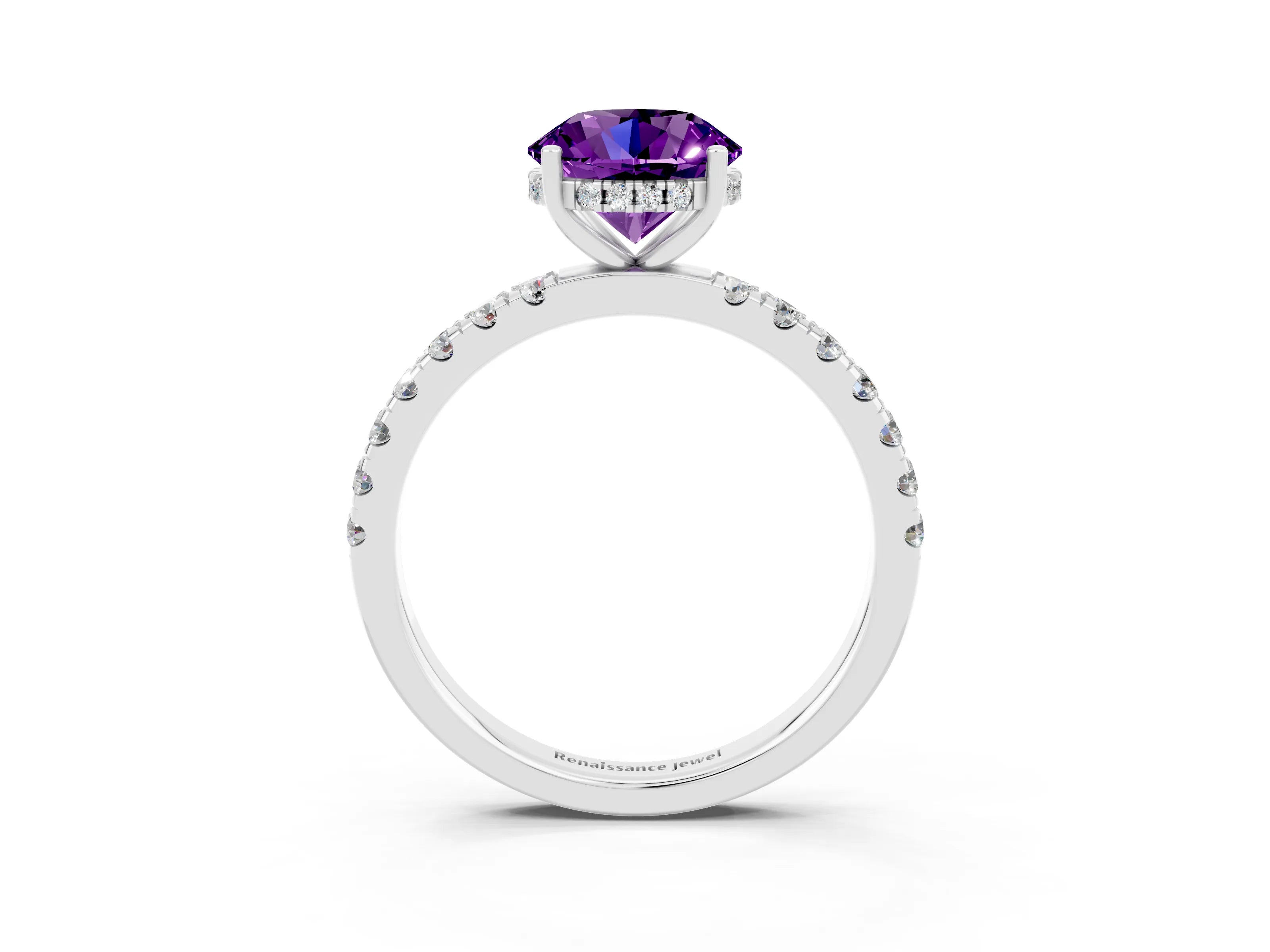 White gold Round Cut Amethyst Pave Band Solitaire Ring with Four-Prong Setting_27