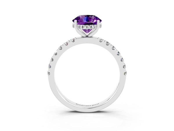 Silver Round Cut Amethyst Pave Band Solitaire Ring with Round  and Prong Setting