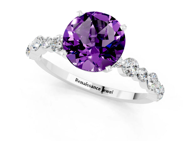 White gold Round Cut Amethyst Prong Set Engagement Ring with Pavé Band