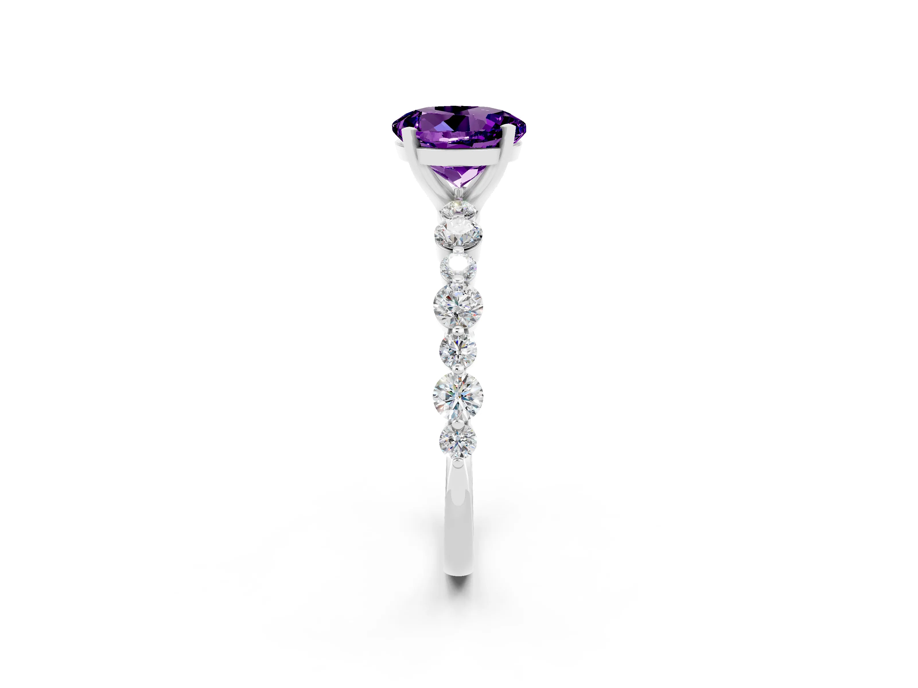White gold Round Cut Amethyst Prong Set Engagement Ring with Pavé Band_2
