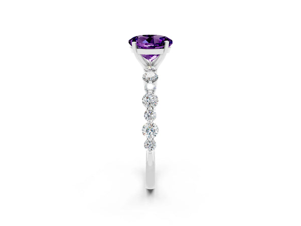 Platinum Round Cut Amethyst Prong Set Engagement Ring with Pavé Band