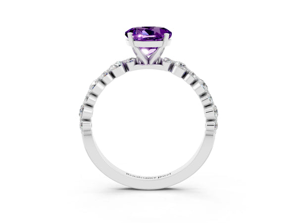 Platinum Round Cut Amethyst Prong Set Engagement Ring with Pavé Band