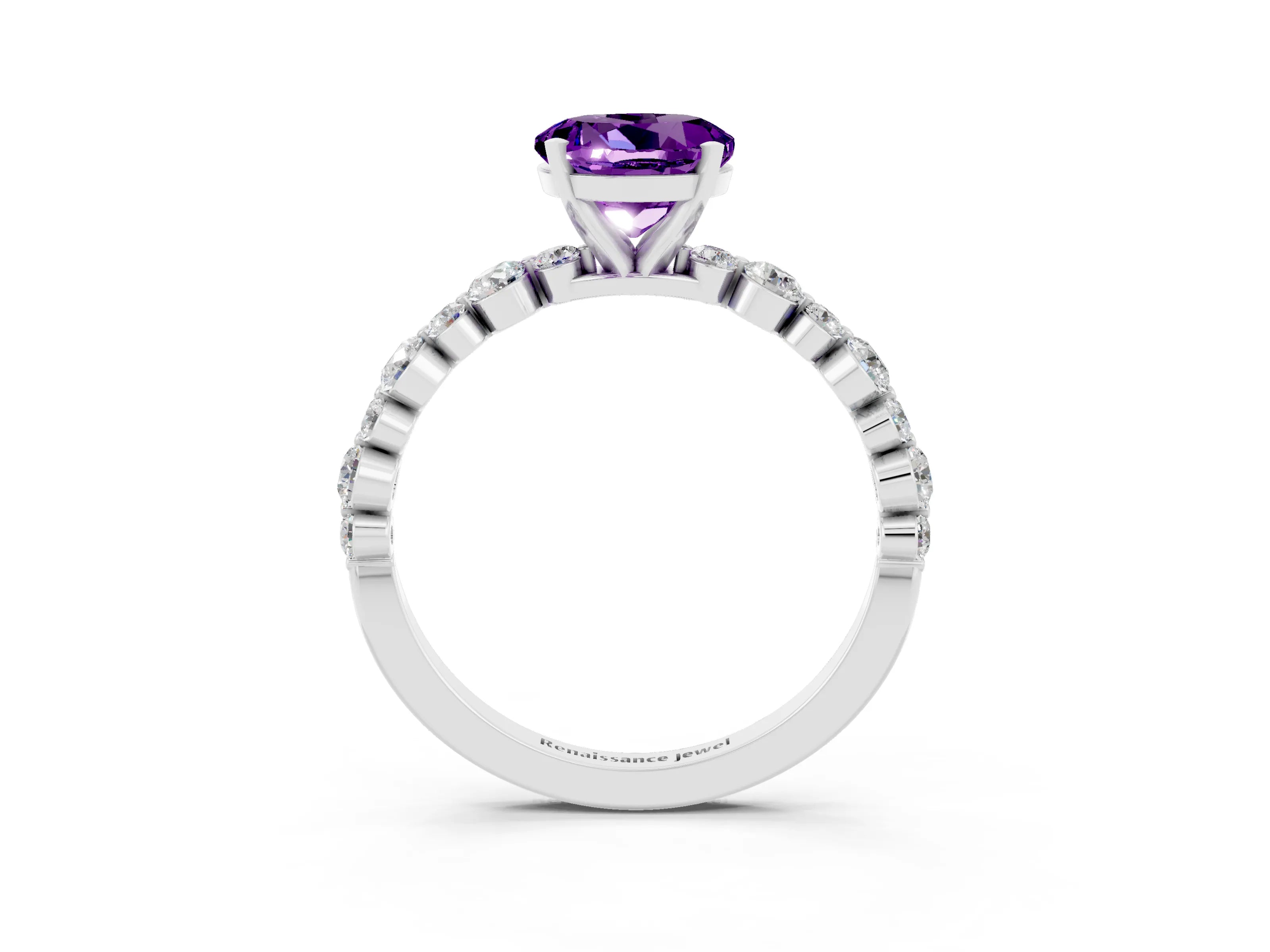 White gold Round Cut Amethyst Prong Set Engagement Ring with Pavé Band_3