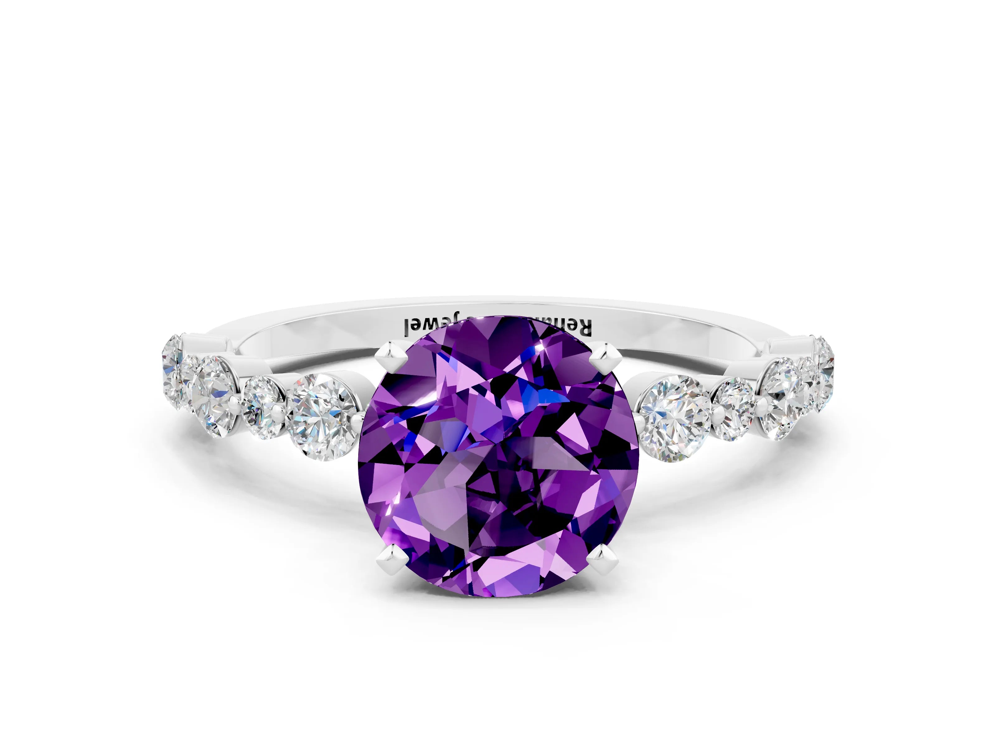 White gold Round Cut Amethyst Prong Set Engagement Ring with Pavé Band
