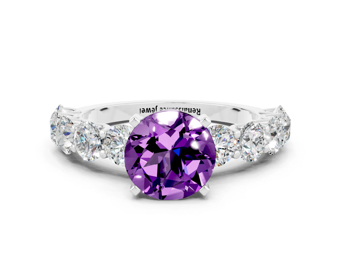 White gold Round Cut Amethyst Prong Setting with Side Stones on a Pave Band