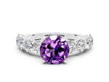White gold Round Cut Amethyst Prong Setting with Side Stones on a Pave Band