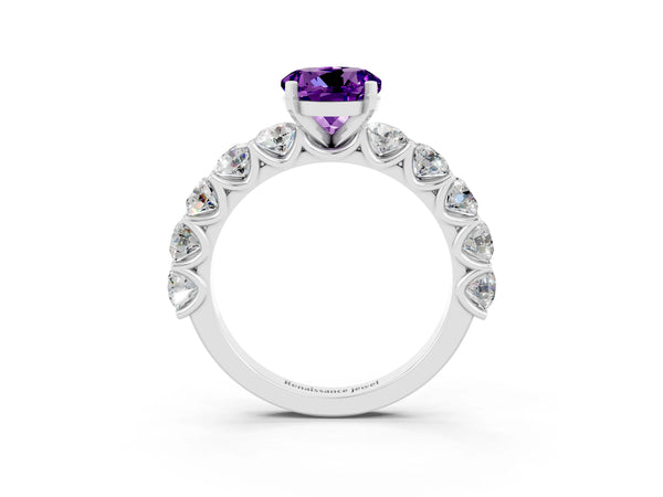 White gold Round Cut Amethyst Prong Setting with Side Stones on a Pave Band