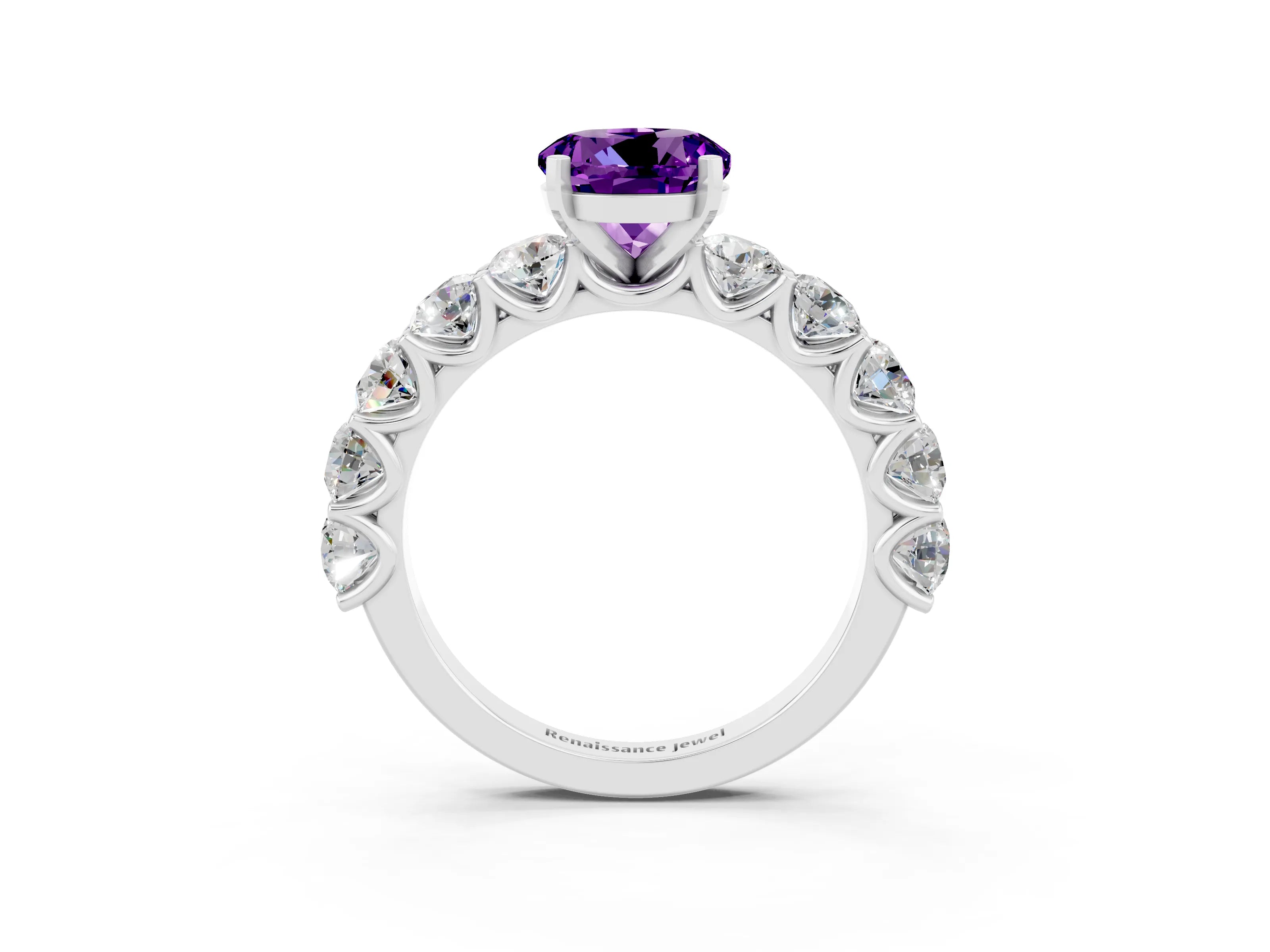 White gold Round Cut Amethyst Prong Setting with Side Stones on a Pave Band_3