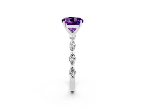 White gold Round Cut Amethyst Ring with Marquise Side Stones and Prong Setting_2