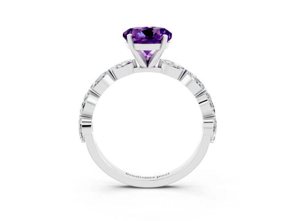 White gold Round Cut Amethyst Ring with Marquise Side Stones and Prong Setting