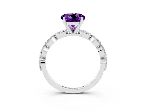 White gold Round Cut Amethyst Ring with Marquise Side Stones and Prong Setting_3