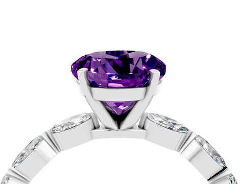 White gold Round Cut Amethyst Ring with Marquise Side Stones and Prong Setting_4