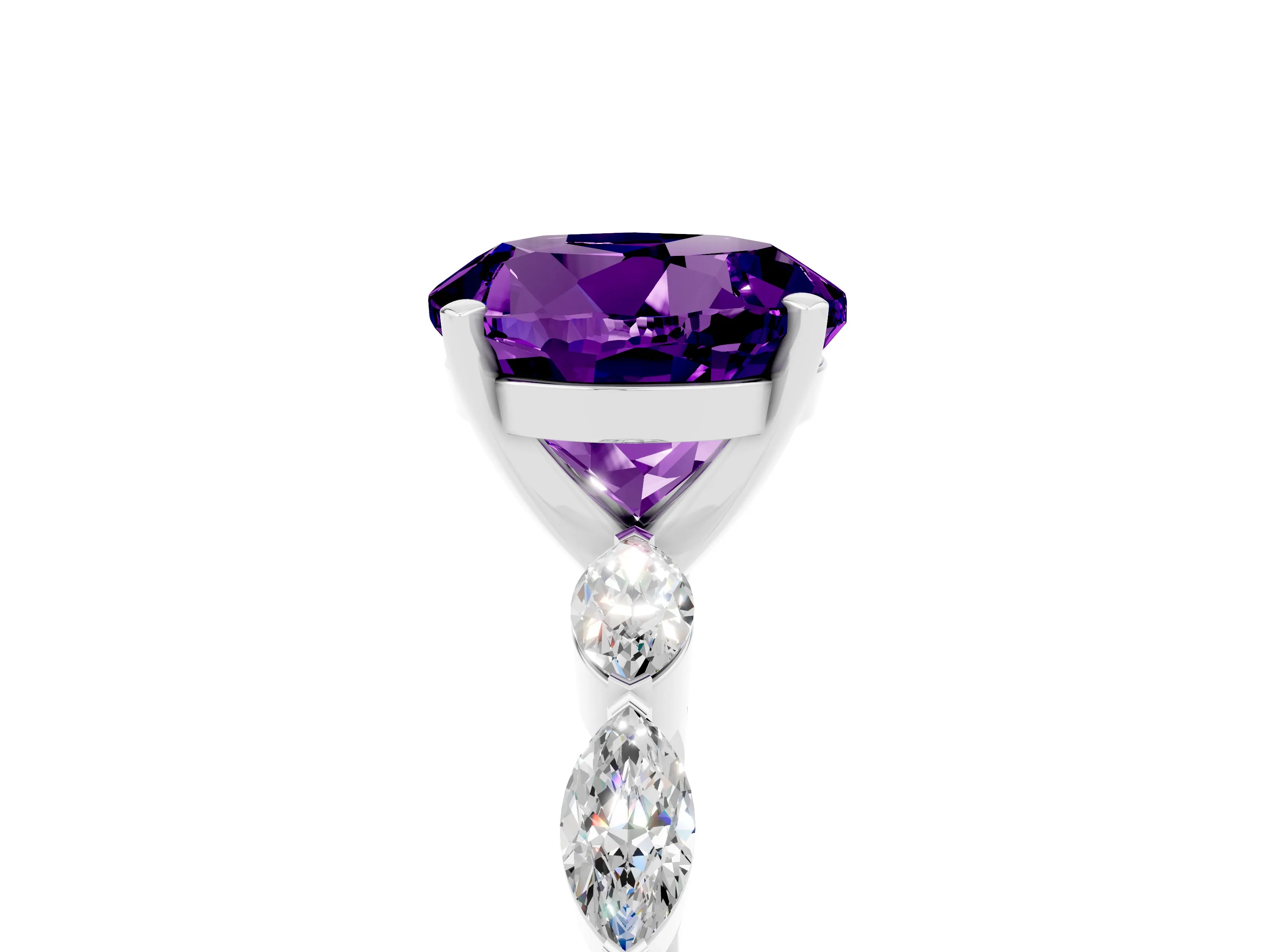 White gold Round Cut Amethyst Ring with Marquise Side Stones and Prong Setting_5