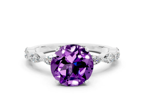 White gold Round Cut Amethyst Ring with Marquise Side Stones and Prong Setting