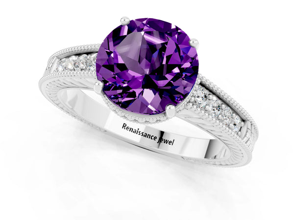 White gold Round Cut Amethyst Ring with Milgrain Pavé Band and Four-Prong Setting
