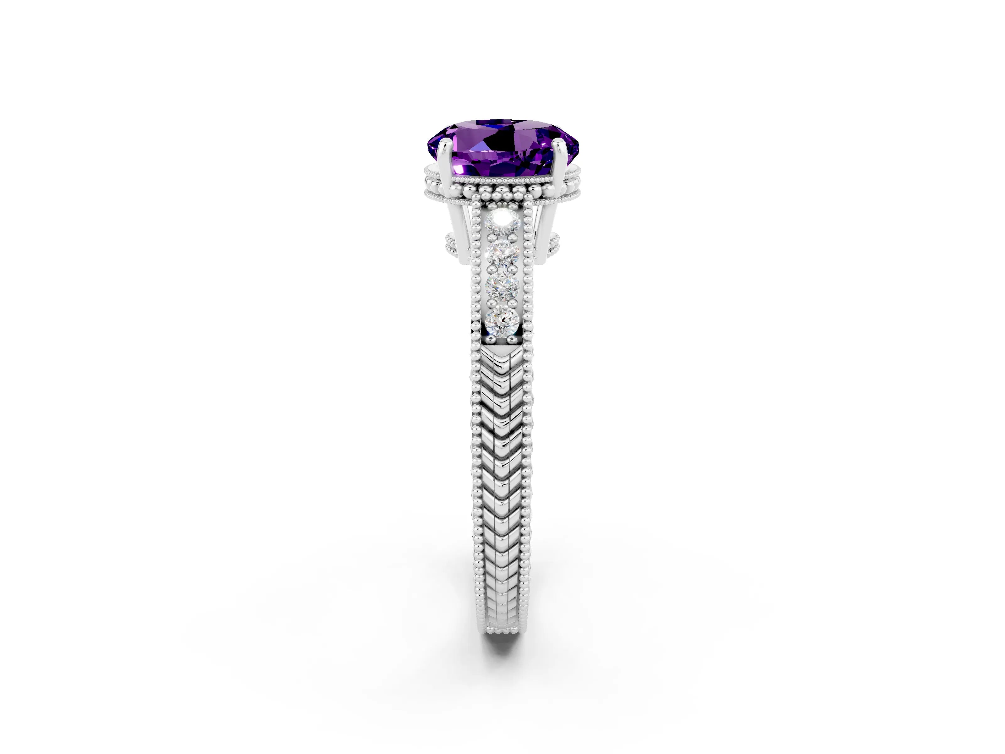 White gold Round Cut Amethyst Ring with Milgrain Pavé Band and Four-Prong Setting_14