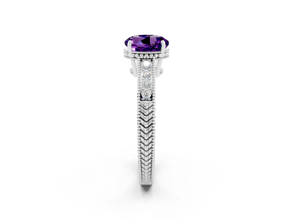 White gold Round Cut Amethyst Ring with Milgrain Pavé Band and Four-Prong Setting