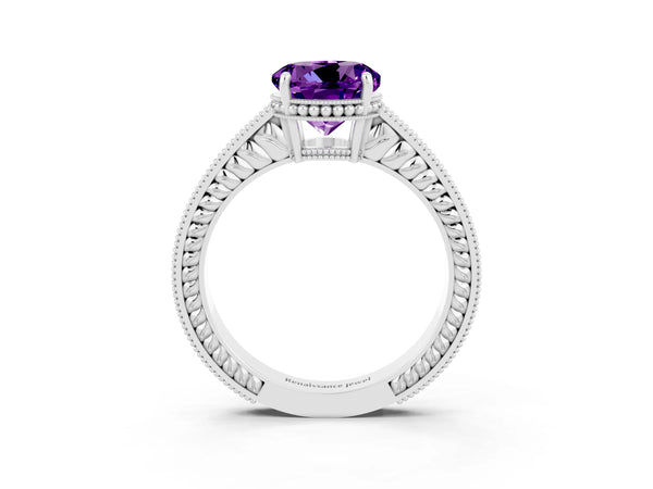Silver Round Cut Amethyst Ring with Milgrain Pavé Band and Four-Prong Setting